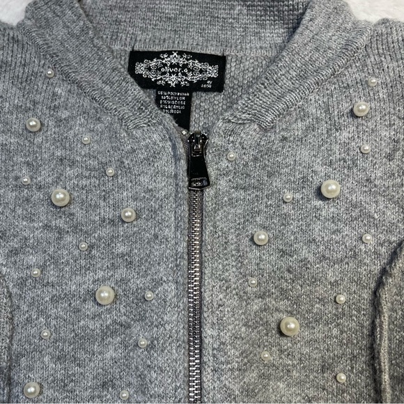 Oliver O Womens XL Melange Gray Beaded Pearl Zip Knit Sweater Wool Ribbed NWT - Picture 13 of 16
